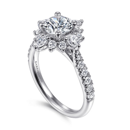 Platinum Unique Round Halo Engagement Ring — Gabriel & Co. ER14450R4PT4JJ; center stone shown for illustration, not included
