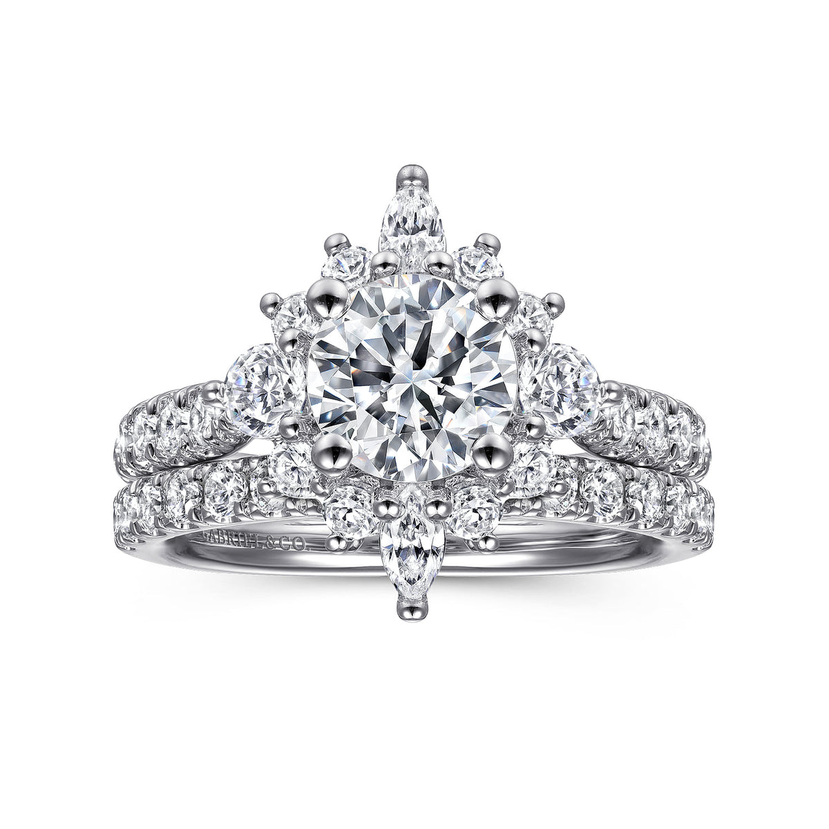 Platinum Unique Round Halo Engagement Ring — Gabriel & Co. ER14450R4PT4JJ; center stone shown for illustration, not included