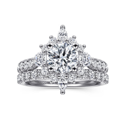 Platinum Unique Round Halo Engagement Ring — Gabriel & Co. ER14450R4PT4JJ; center stone shown for illustration, not included