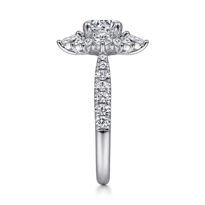 Platinum Unique Round Halo Engagement Ring — Gabriel & Co. ER14450R4PT4JJ; center stone shown for illustration, not included
