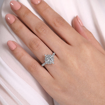 Platinum Unique Round Halo Engagement Ring — Gabriel & Co. ER14450R4PT4JJ; center stone shown for illustration, not included