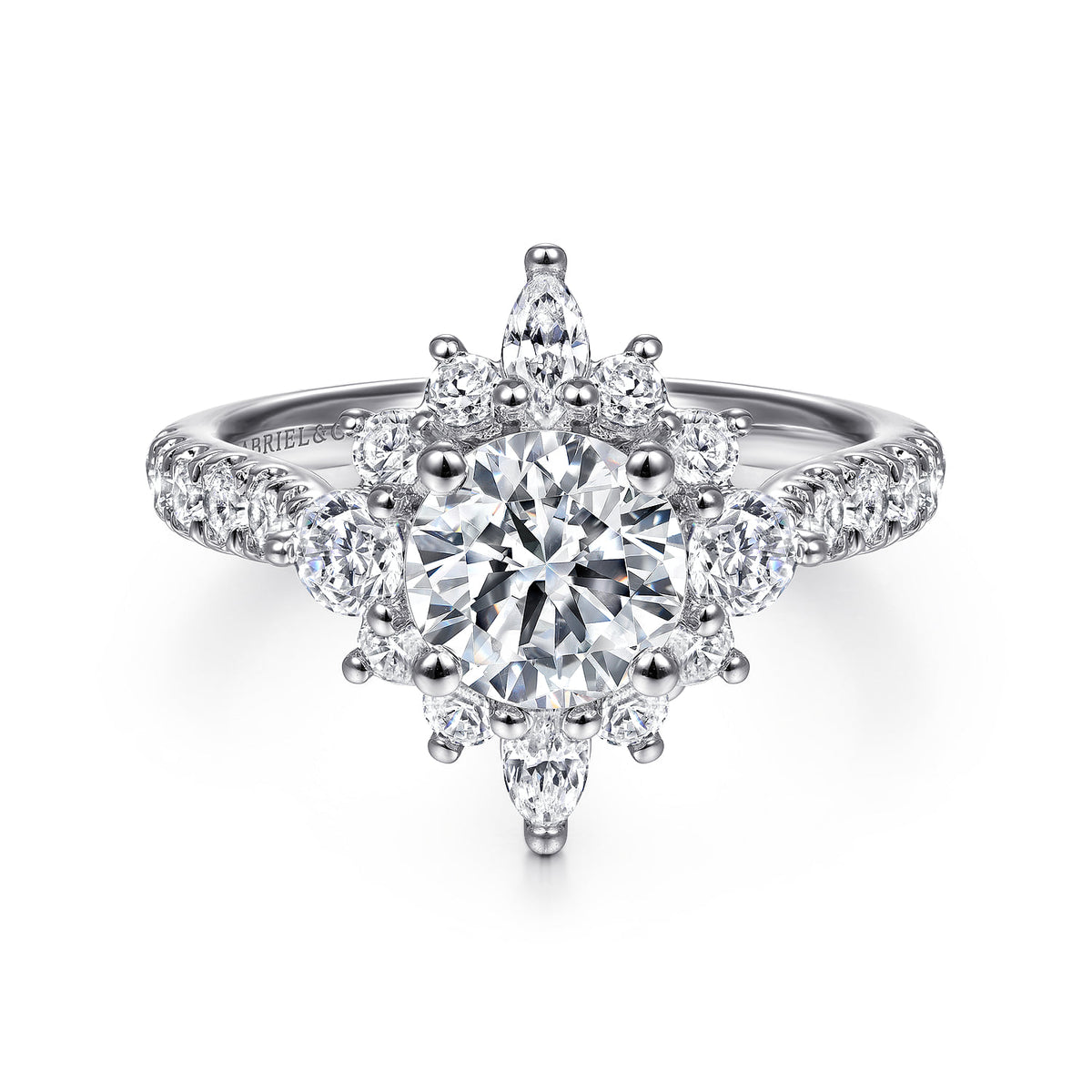 Unique 14K White Gold Round Halo Diamond Engagement Ring — Gabriel & Co. ER14450R4W44JJ; center stone shown for illustration, not included