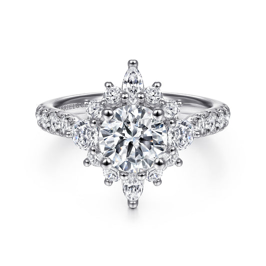 Unique 14K White Gold Round Halo Diamond Engagement Ring — Gabriel & Co. ER14450R4W44JJ; center stone shown for illustration, not included