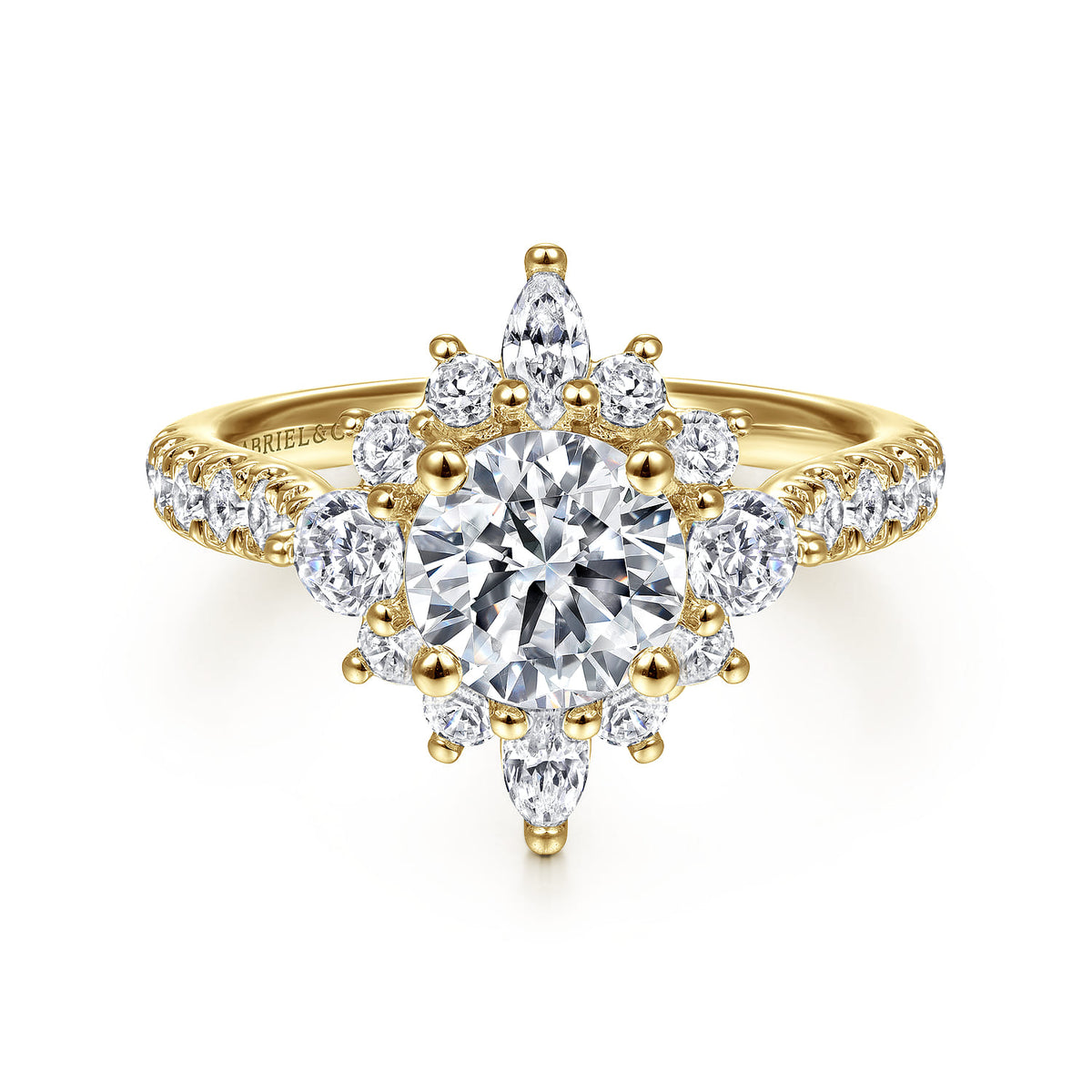 Unique 14K Yellow Gold Round Halo Diamond Engagement Ring — Gabriel & Co. ER14450R4Y44JJ; center stone shown for illustration, not included