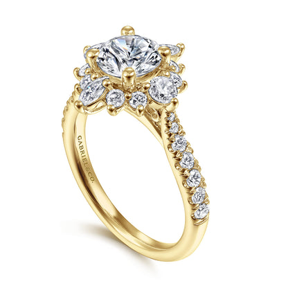 Unique 14K Yellow Gold Round Halo Diamond Engagement Ring — Gabriel & Co. ER14450R4Y44JJ; center stone shown for illustration, not included