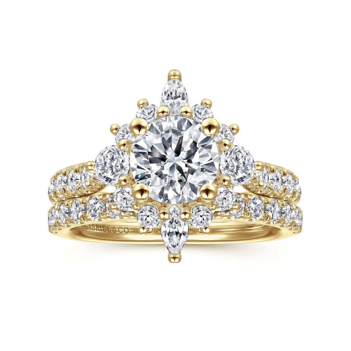 Unique 14K Yellow Gold Round Halo Diamond Engagement Ring — Gabriel & Co. ER14450R4Y44JJ; center stone shown for illustration, not included