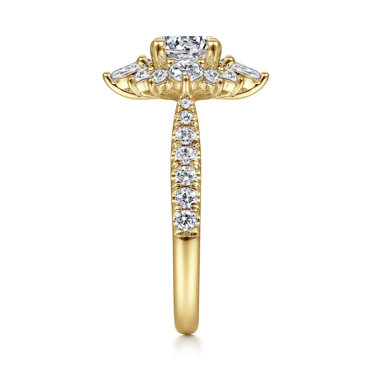 Unique 14K Yellow Gold Round Halo Diamond Engagement Ring — Gabriel & Co. ER14450R4Y44JJ; center stone shown for illustration, not included