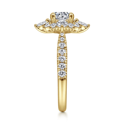 Unique 14K Yellow Gold Round Halo Diamond Engagement Ring — Gabriel & Co. ER14450R4Y44JJ; center stone shown for illustration, not included