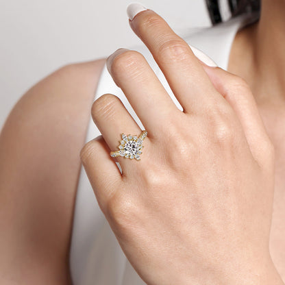 Unique 14K Yellow Gold Round Halo Diamond Engagement Ring — Gabriel & Co. ER14450R4Y44JJ; center stone shown for illustration, not included