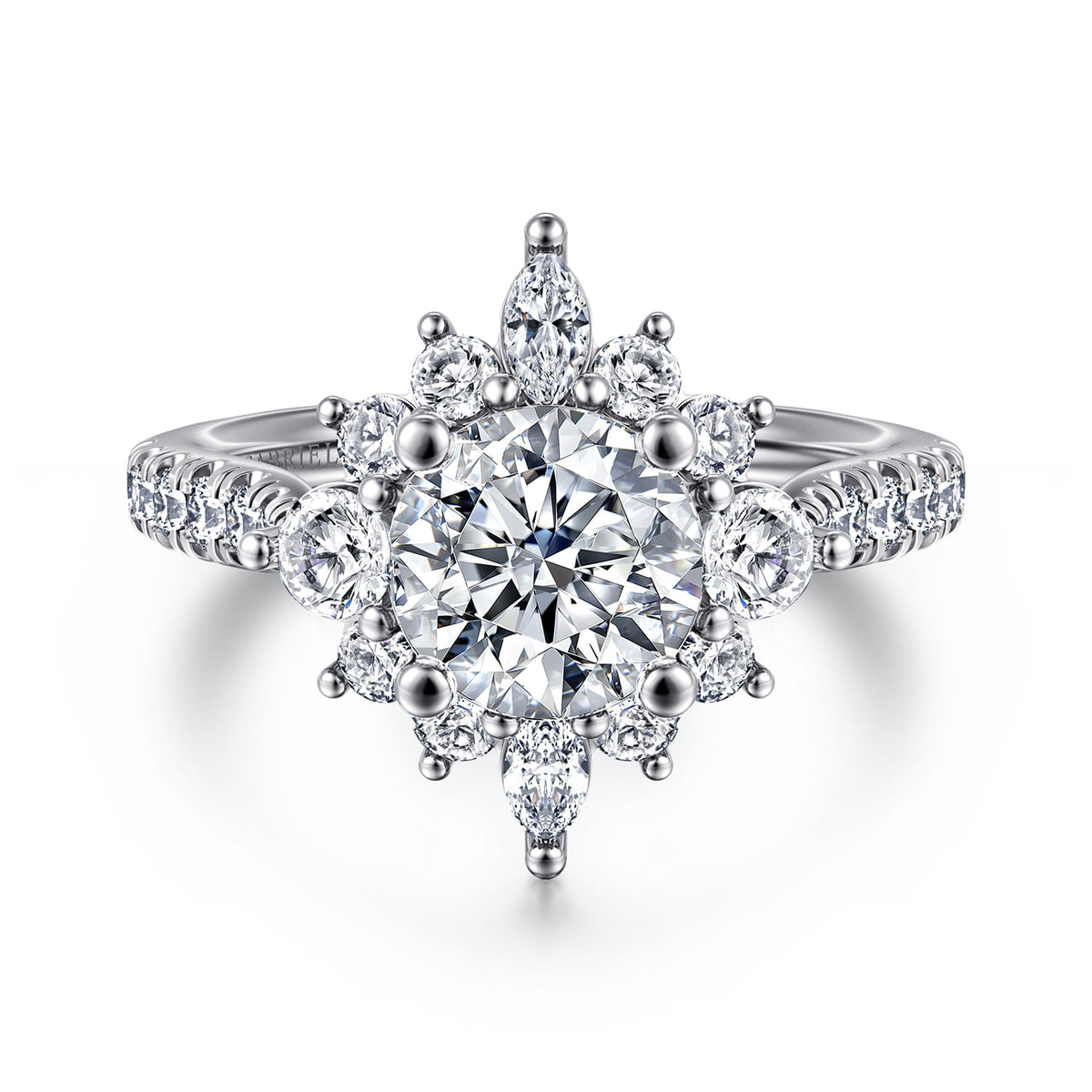 Unique 14K White Gold Round Halo Diamond Engagement Ring — ER14450R6W44JJ; center stone shown for illustration, not included
