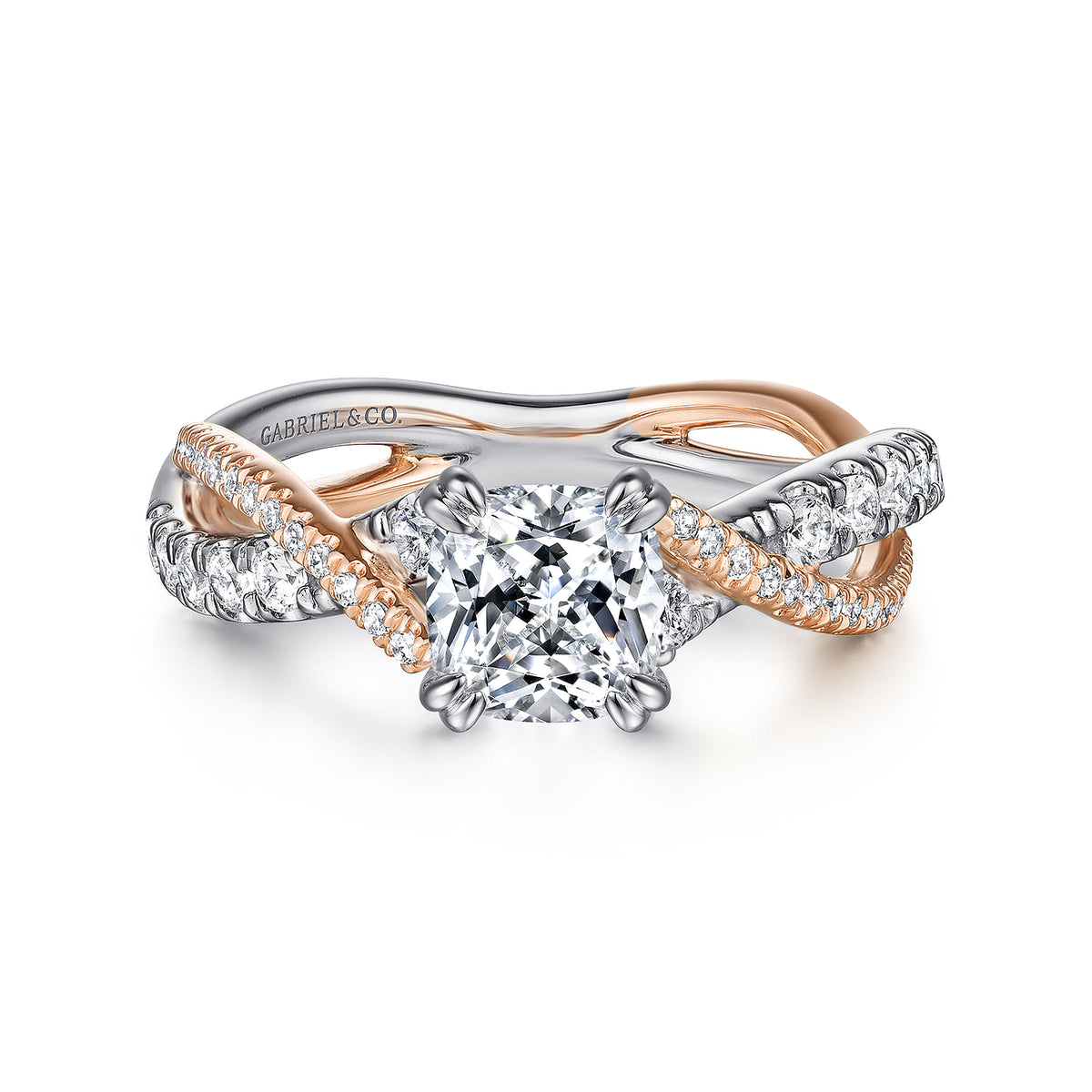 14K White-Rose Gold Cushion Cut Twisted Diamond Engagement Ring — ER14460C4T44JJ; center stone shown for illustration, not included