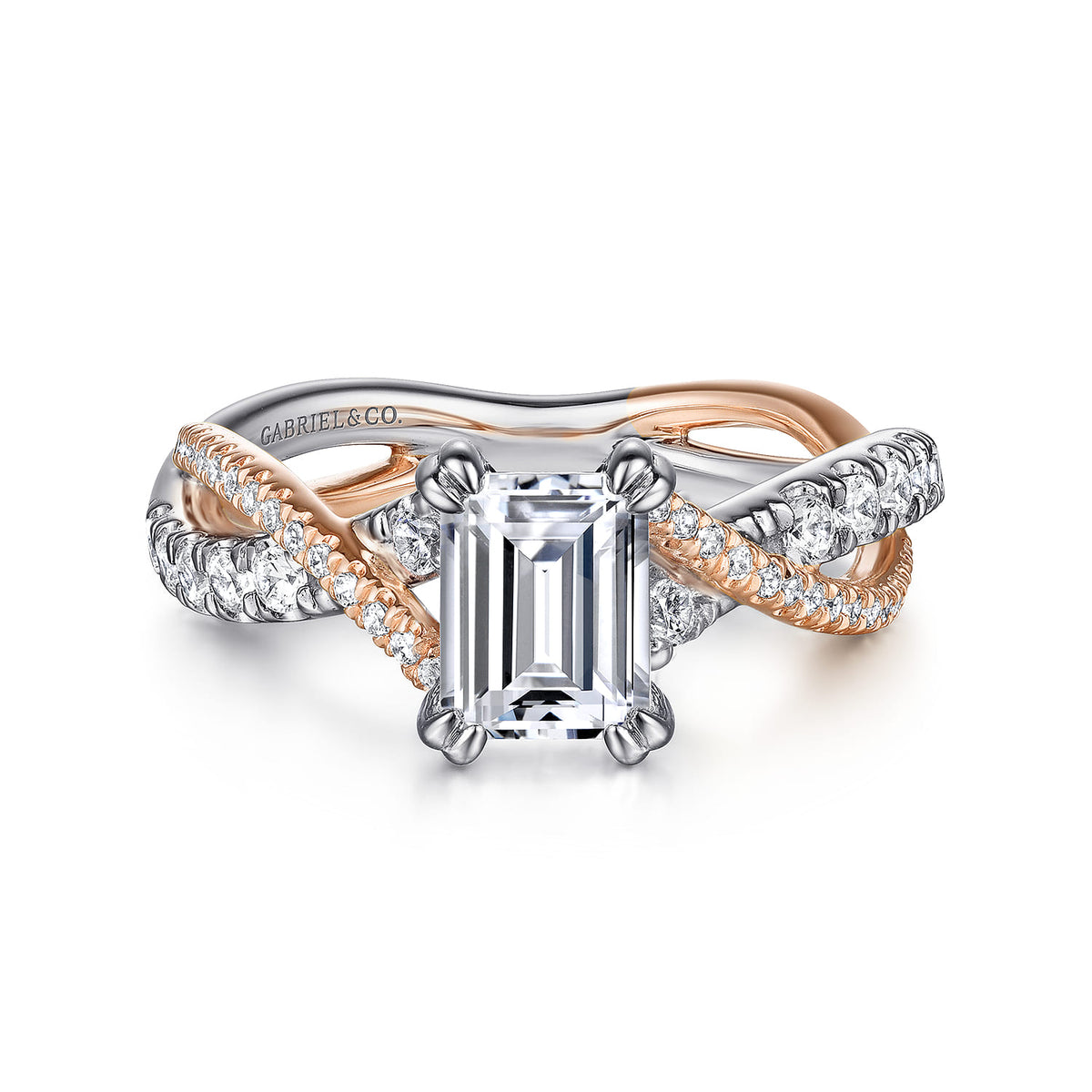 14K White-Rose Gold Emerald Cut Diamond Twisted Engagement Ring — ER14460E4T44JJ; center stone shown for illustration, not included