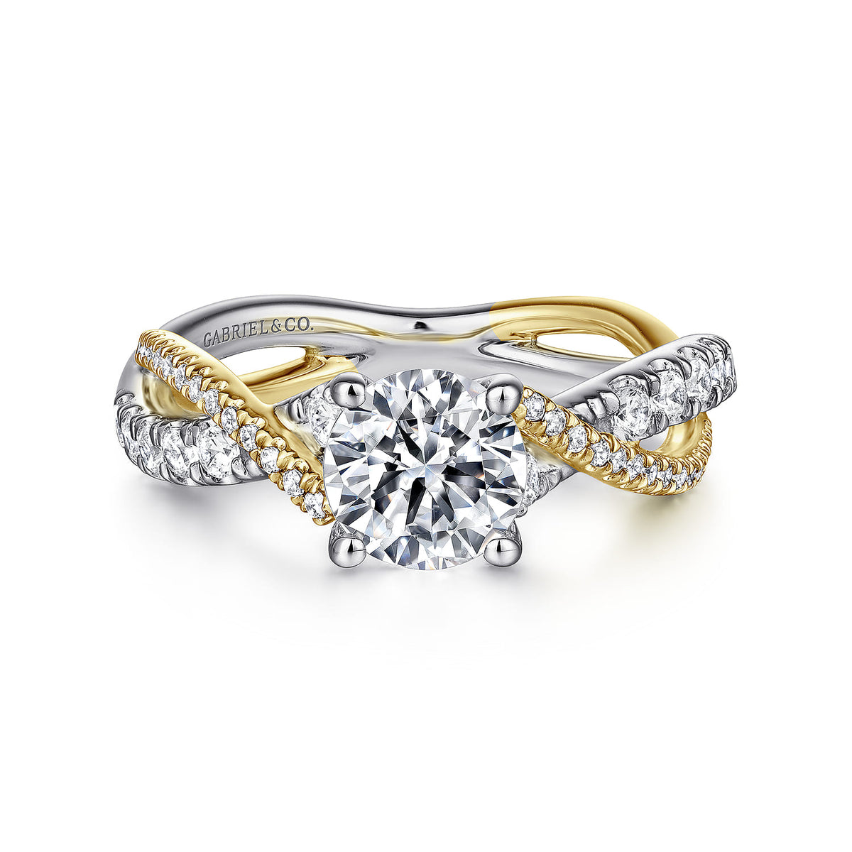 14K White-Yellow Gold Round Diamond Twisted Engagement Ring — ER14460R4M44JJ; center stone shown for illustration, not included