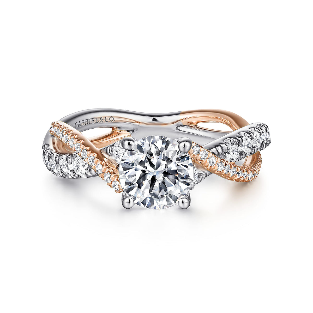 14K White-Rose Gold Round Diamond Twisted Engagement Ring — ER14460R4T44JJ; center stone shown for illustration, not included