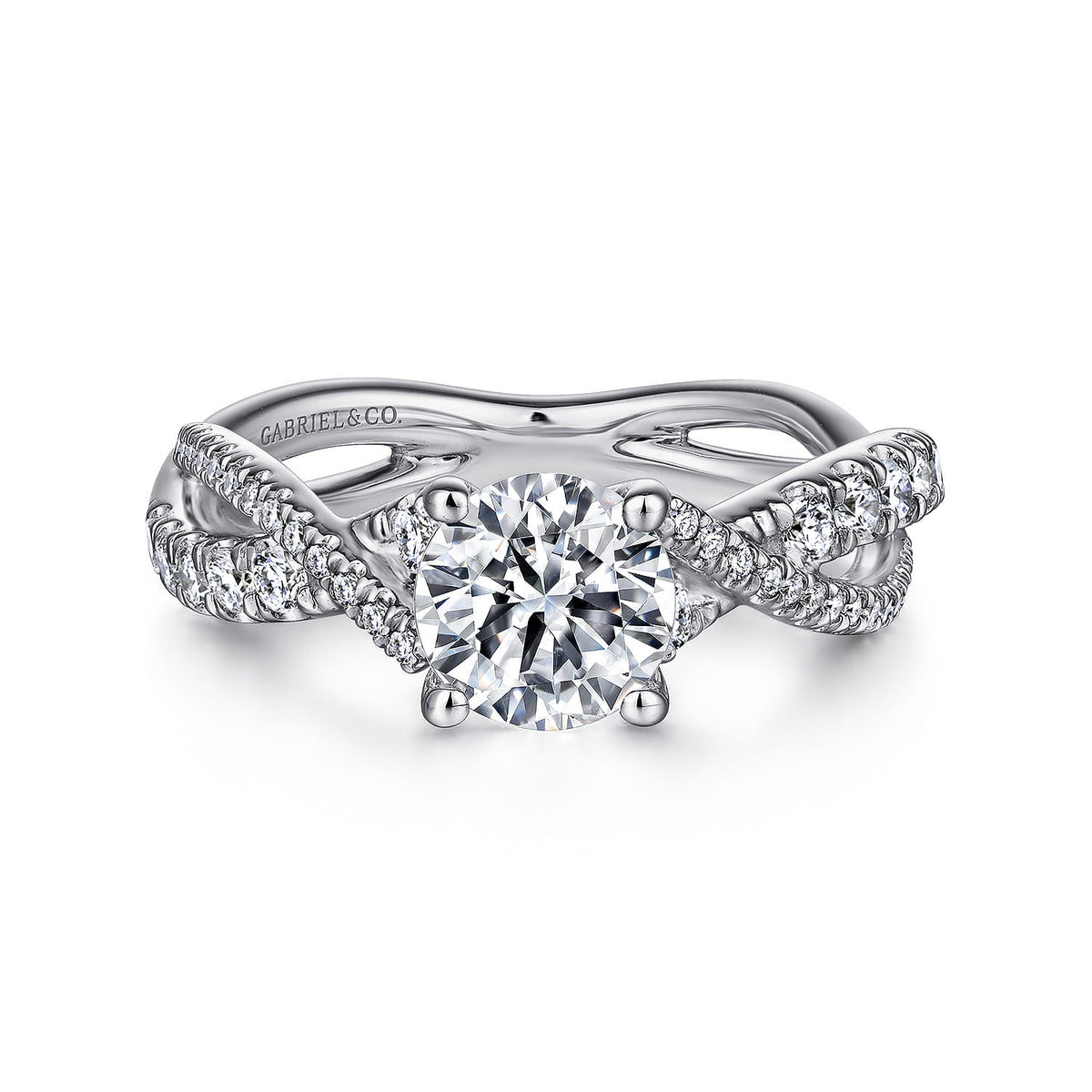 14K White Gold Round Diamond Twisted Engagement Ring — ER14460R4W44JJ; center stone shown for illustration, not included