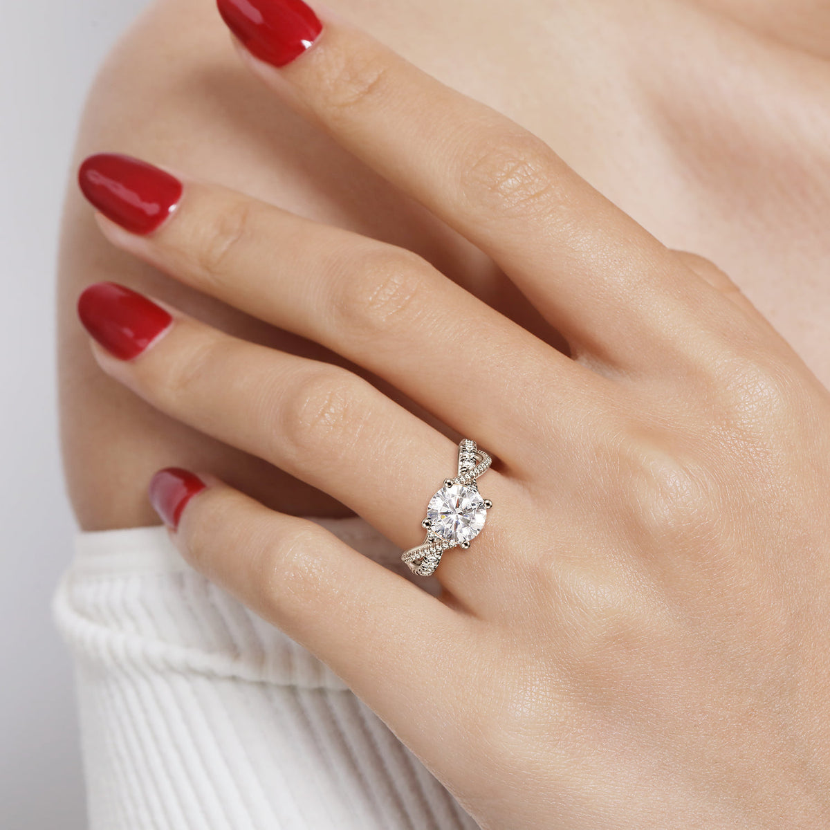 14K White Gold Twisted Round Diamond Engagement Ring — Gabriel & Co. ER14460R8W44JJ; center stone shown for illustration, not included