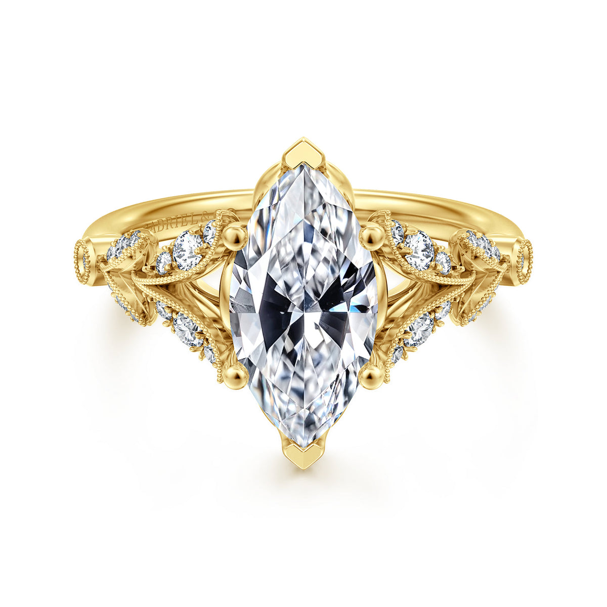 Vintage Inspired 14K Yellow Gold Split Shank Marquise Shape Diamond Engagement Ring — Gabriel & Co. ER14662M8Y44JJ; center stone shown for illustration, not included