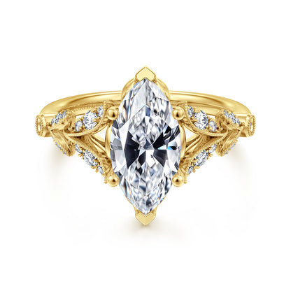 Vintage Inspired 14K Yellow Gold Split Shank Marquise Shape Diamond Engagement Ring — Gabriel & Co. ER14662M8Y44JJ; center stone shown for illustration, not included