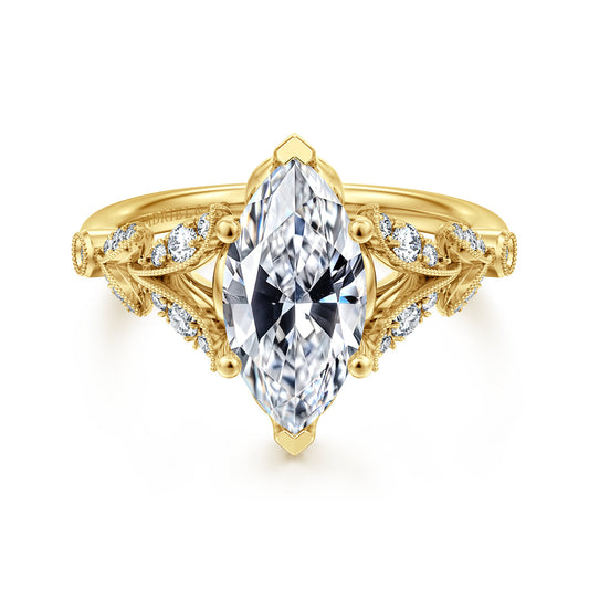 Vintage Inspired 14K Yellow Gold Split Shank Marquise Shape Diamond Engagement Ring — Gabriel & Co. ER14662M8Y44JJ; center stone shown for illustration, not included