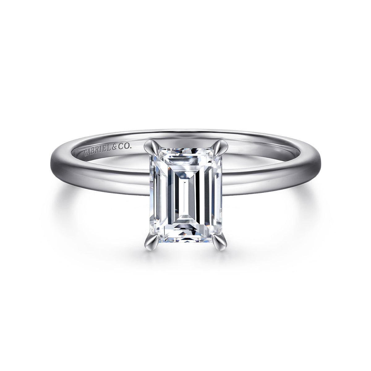 14K White Gold Emerald Cut Diamond Engagement Ring — ER14684E4W4JJJ; center stone shown for illustration, not included