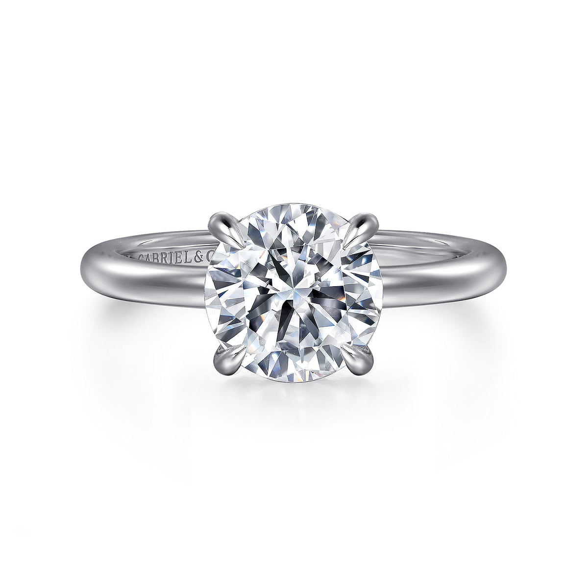 14K White Gold Round Diamond Engagement Ring — Gabriel & Co. ER14684R8W4JJJ; center stone shown for illustration, not included