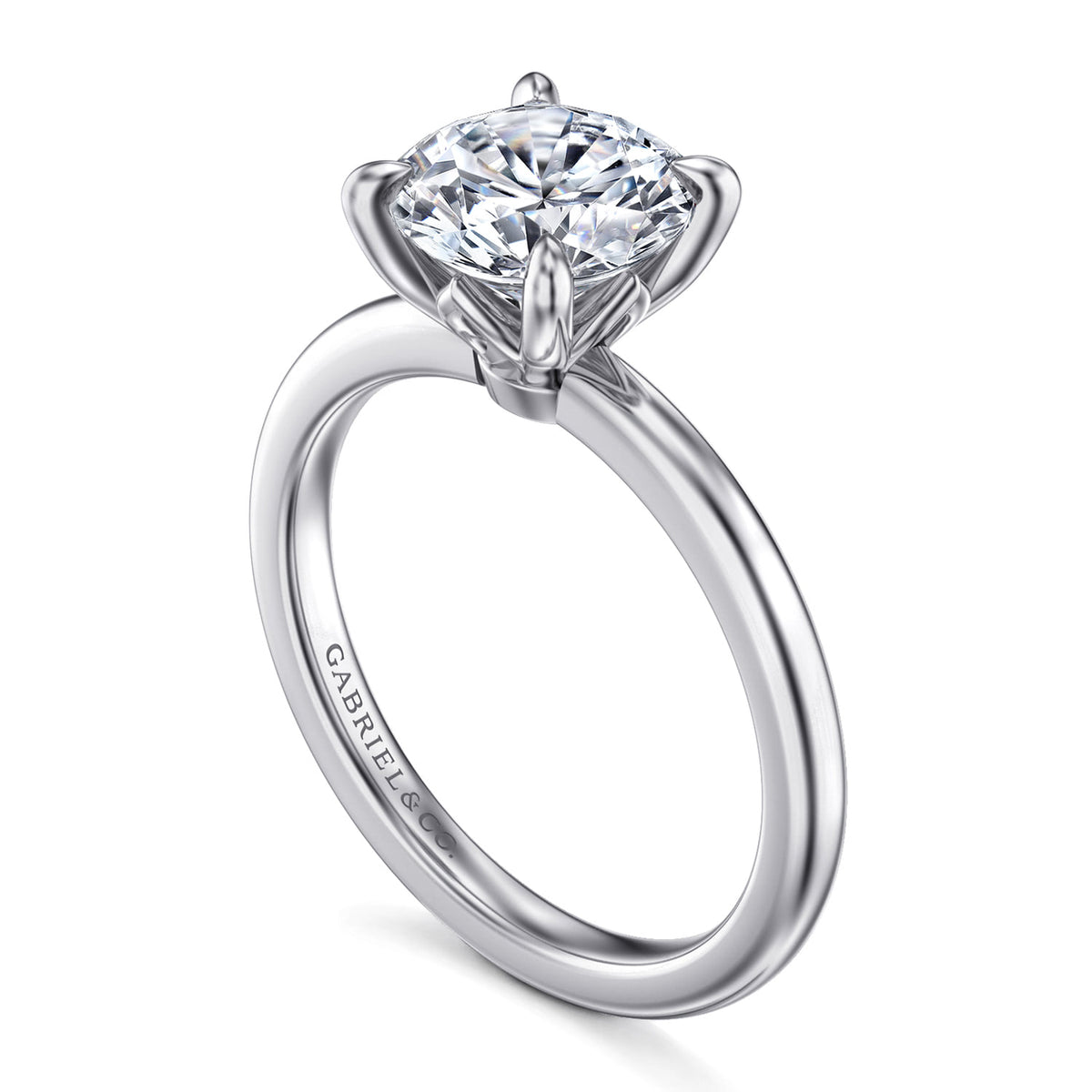 14K White Gold Round Diamond Engagement Ring — Gabriel & Co. ER14684R8W4JJJ; center stone shown for illustration, not included
