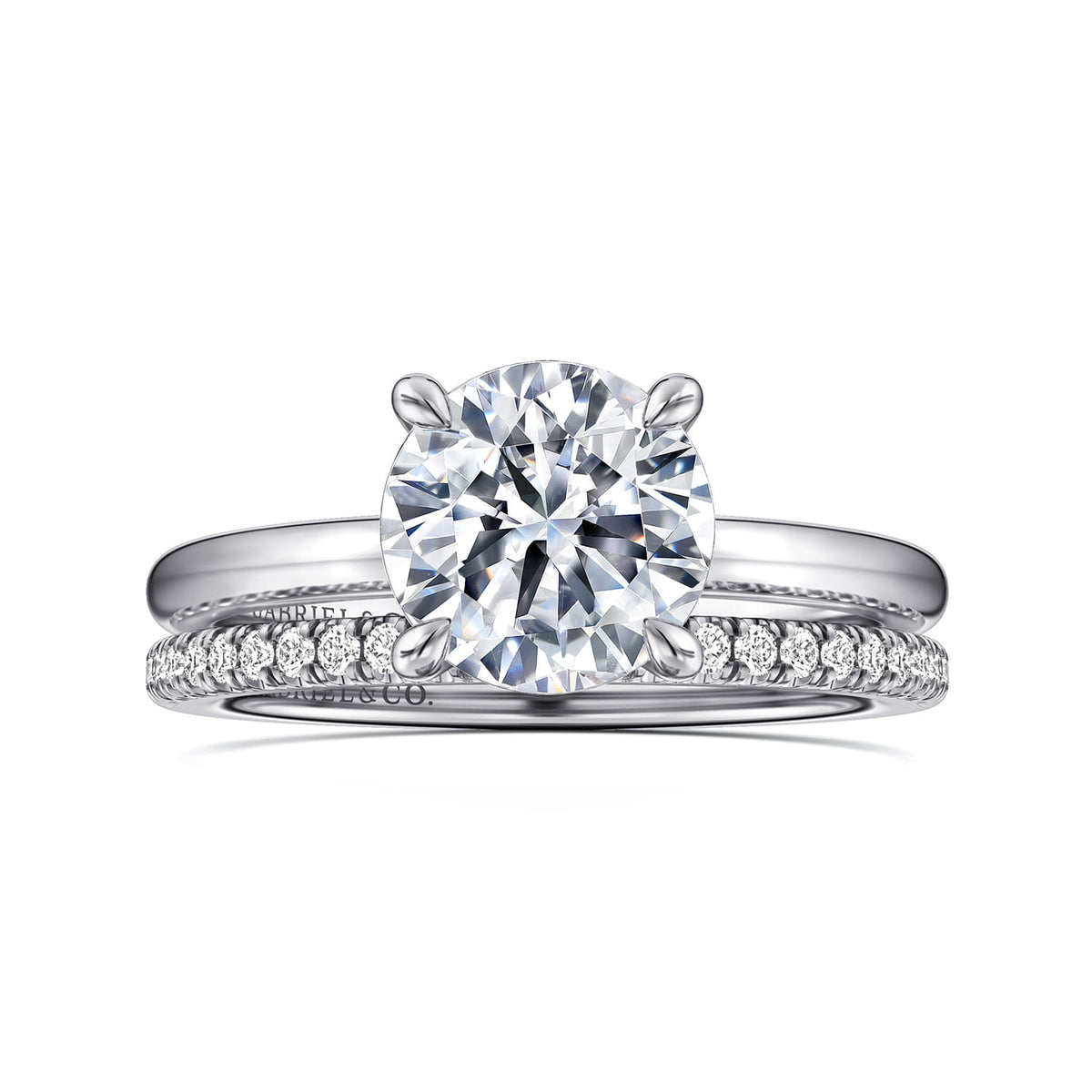 14K White Gold Round Diamond Engagement Ring — Gabriel & Co. ER14684R8W4JJJ; center stone shown for illustration, not included