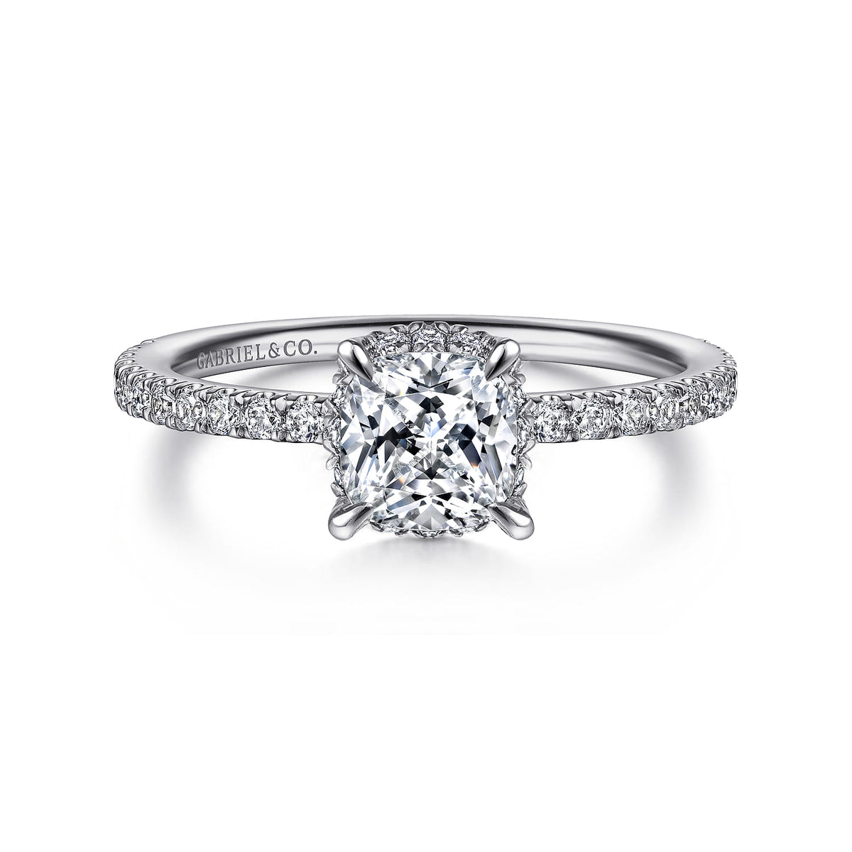 Platinum Cushion Hidden Halo Diamond Engagement Ring — ER14719C4PT4JJ; center stone shown for illustration, not included