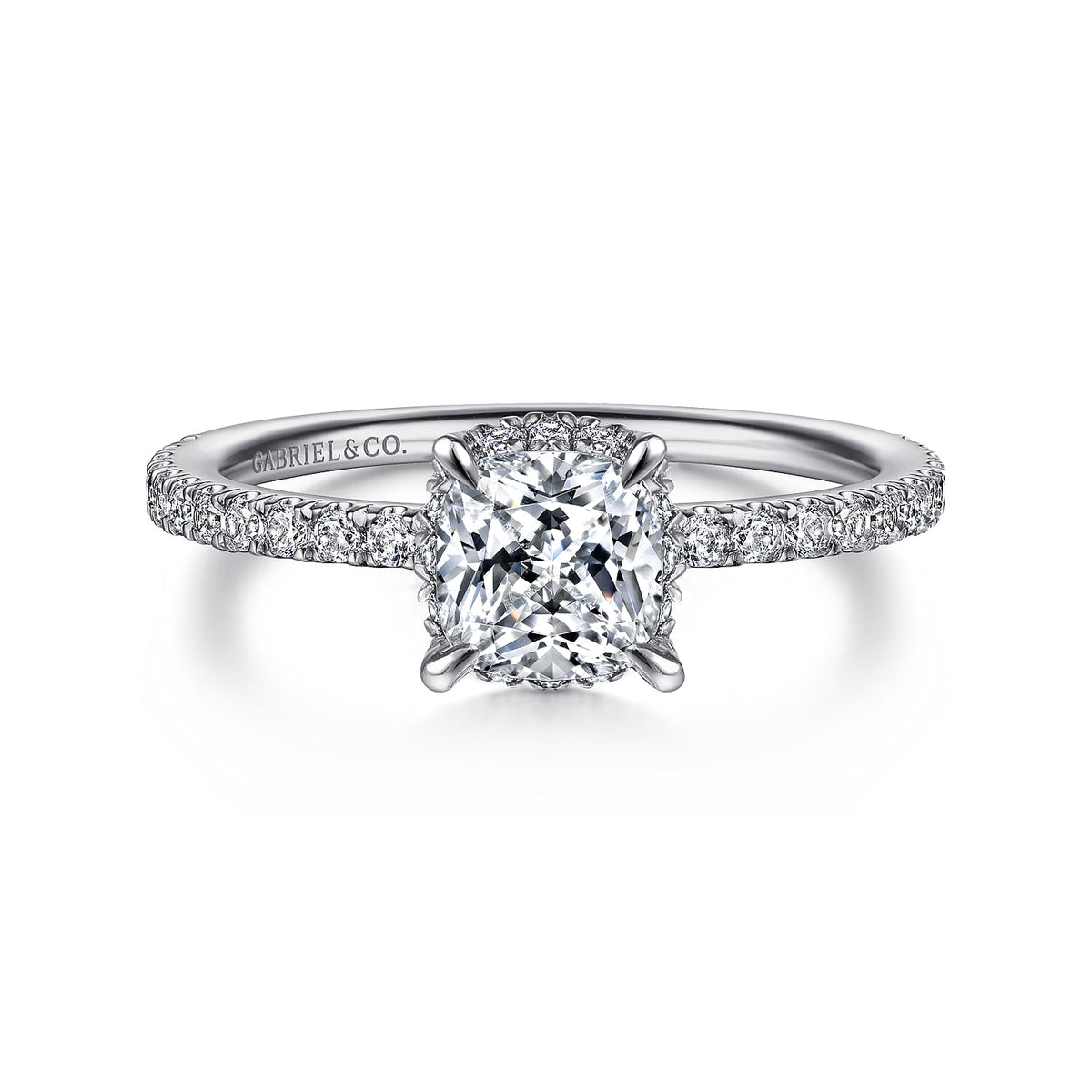 14K White Gold Cushion Hidden Halo Diamond Engagement Ring — ER14719C4W44JJ; center stone shown for illustration, not included