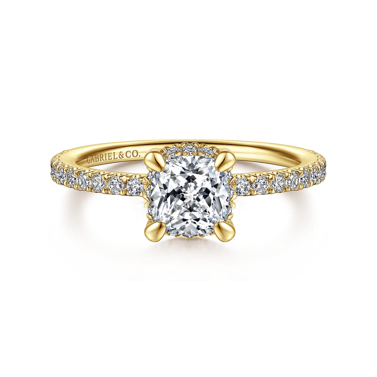 14K Yellow Gold Cushion Hidden Halo Diamond Engagement Ring — ER14719C4Y44JJ; center stone shown for illustration, not included