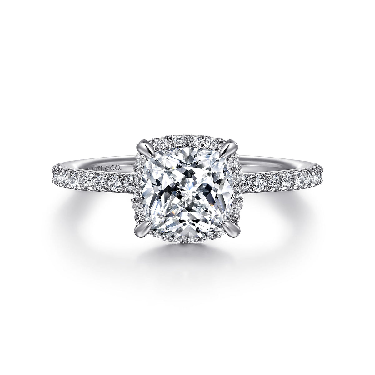 14K White Gold Cushion Hidden Halo Diamond Engagement Ring — ER14719C6W44JJ; center stone shown for illustration, not included