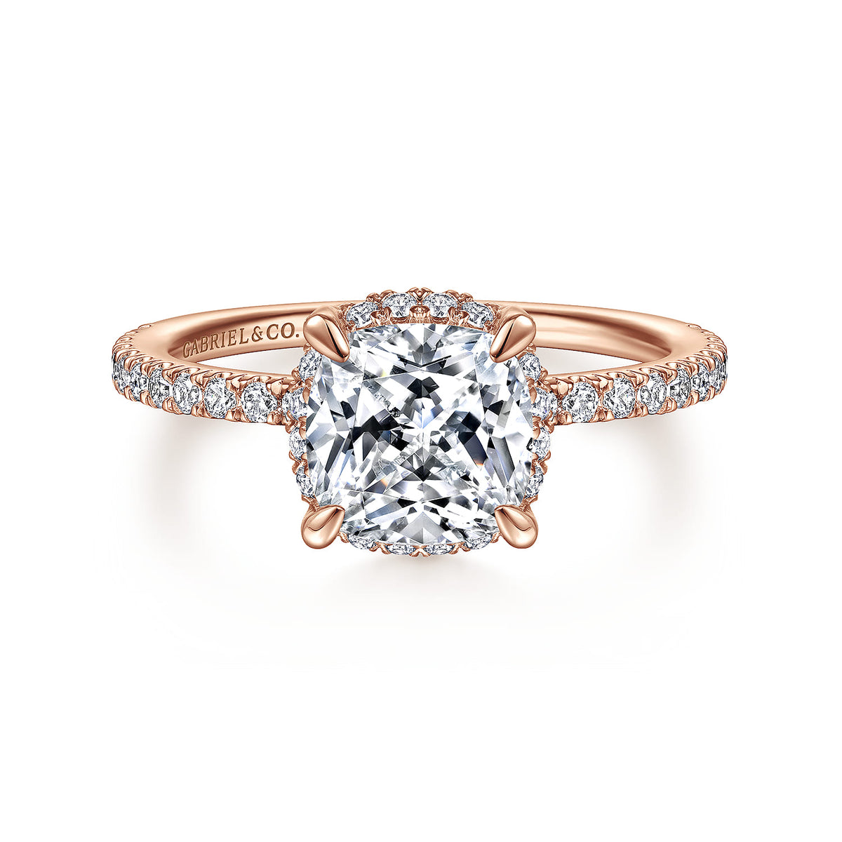 14K Rose Gold Cushion Hidden Halo Diamond Engagement Ring — ER14719C8K44JJ; center stone shown for illustration, not included
