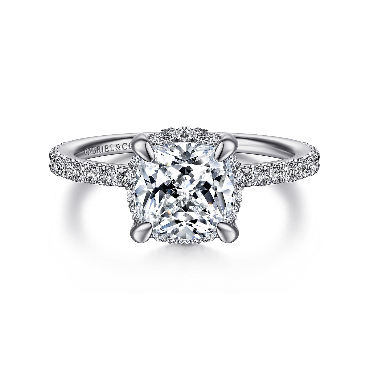 14K White Gold Cushion Hidden Halo Diamond Engagement Ring — ER14719C8W44JJ; center stone shown for illustration, not included