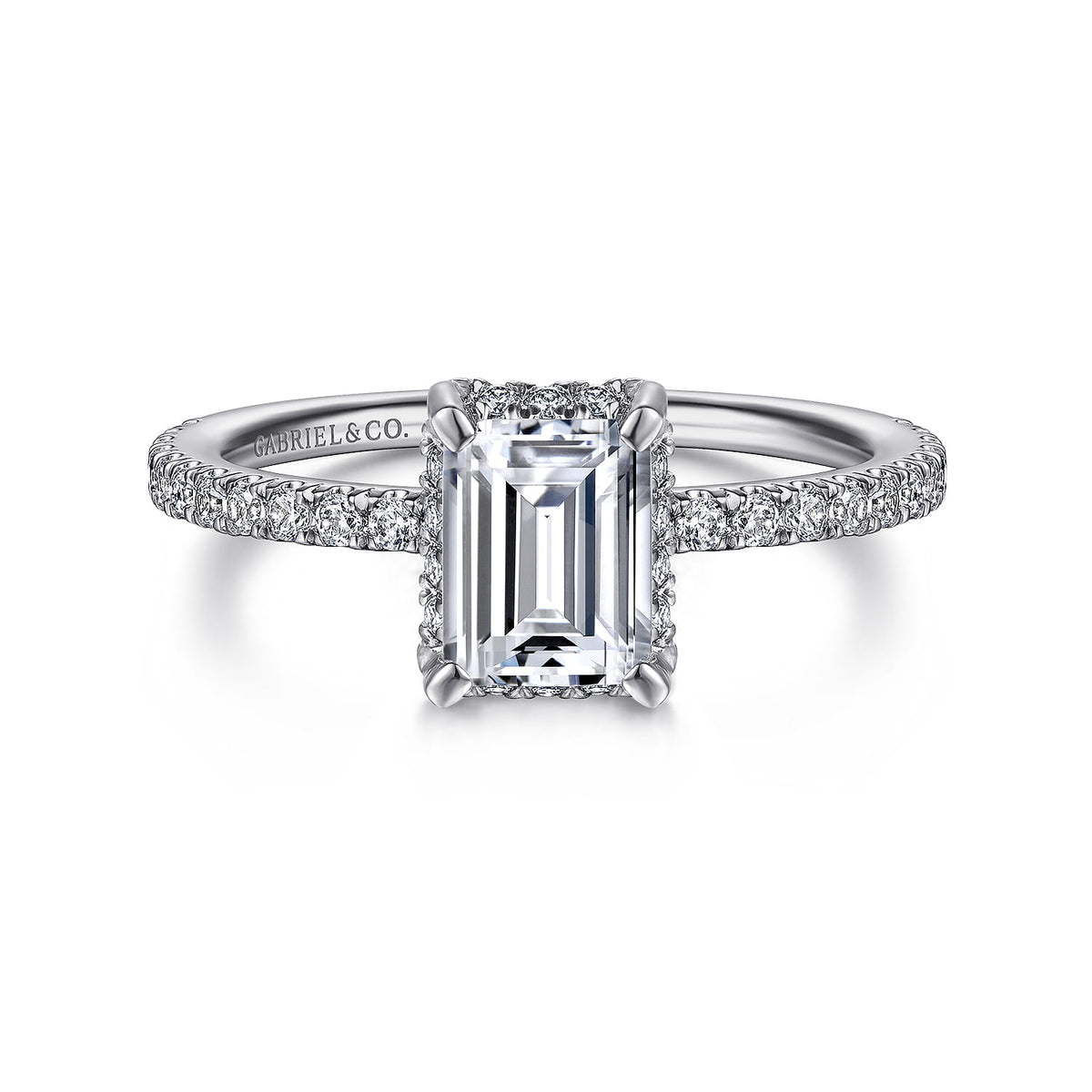 14K White Gold Hidden Halo Emerald Cut Diamond Engagement Ring — ER14719E4W44JJ; center stone shown for illustration, not included