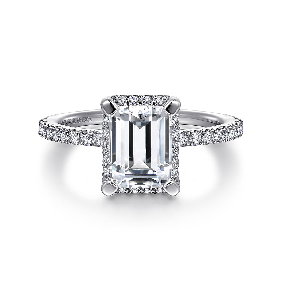 14K White Gold Hidden Halo Emerald Cut Diamond Engagement Ring — ER14719E6W44JJ; center stone shown for illustration, not included