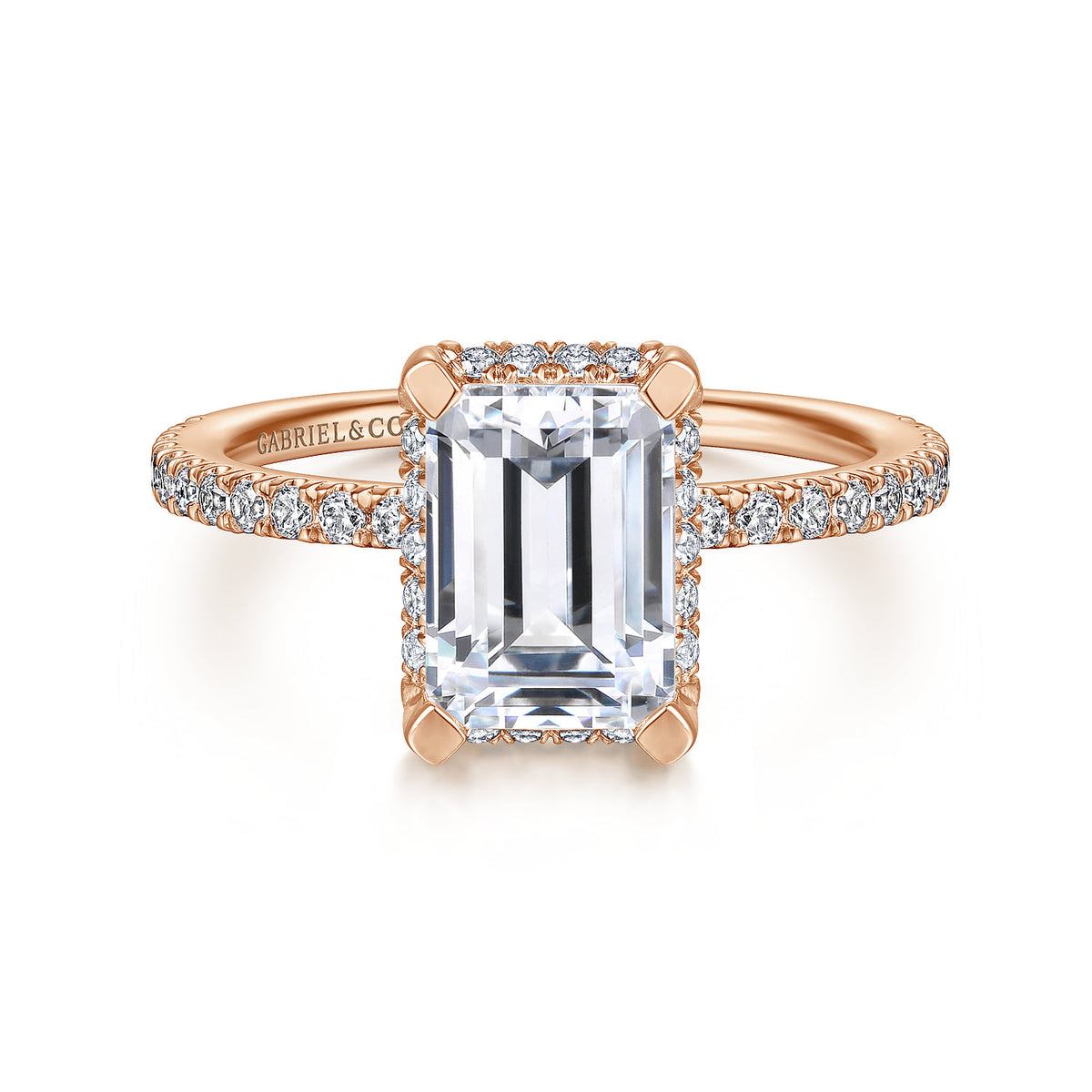 14K Rose Gold Hidden Halo Emerald Cut Diamond Engagement Ring — ER14719E8K44JJ; center stone shown for illustration, not included