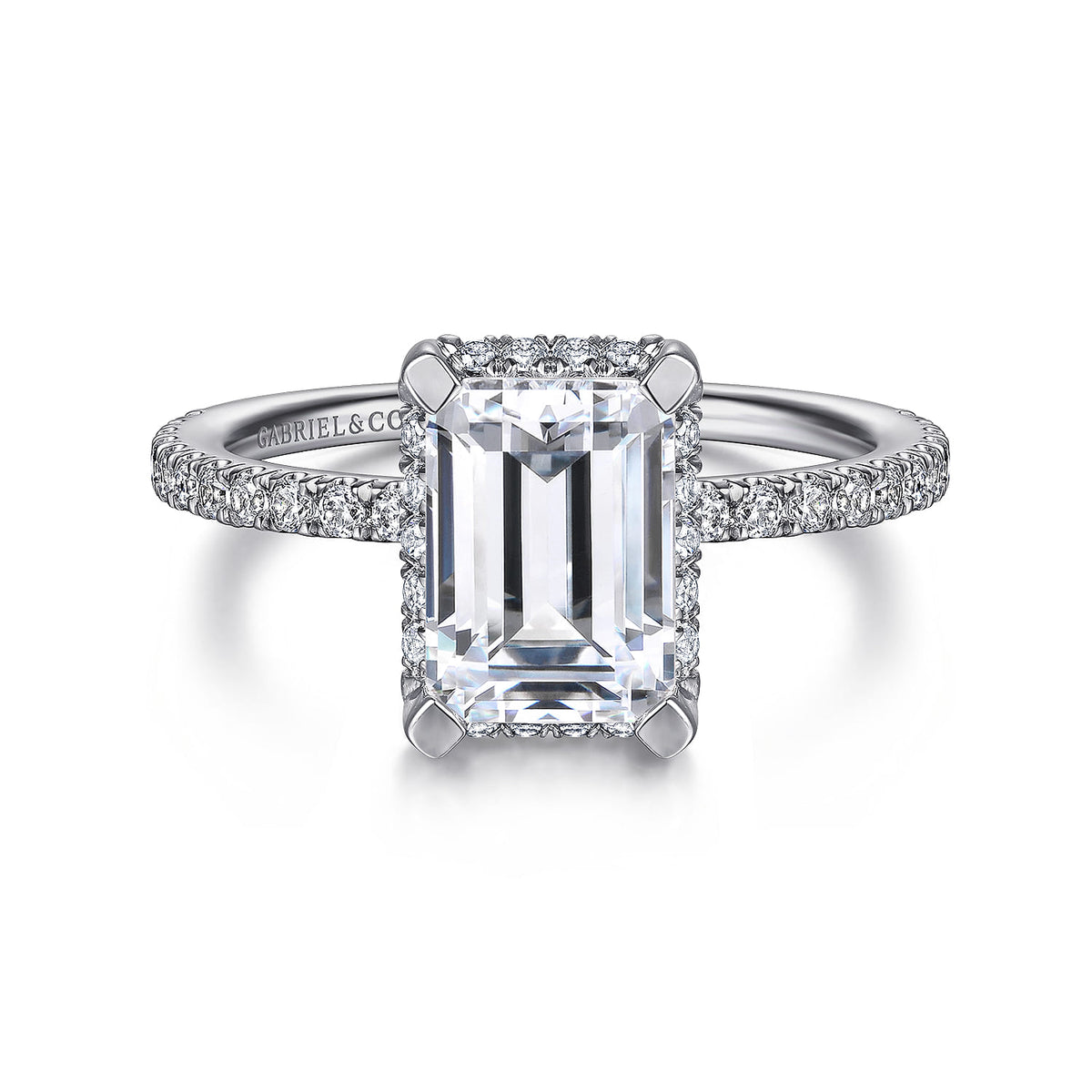 14K White Gold Hidden Halo Emerald Cut Diamond Engagement Ring — ER14719E8W44JJ; center stone shown for illustration, not included