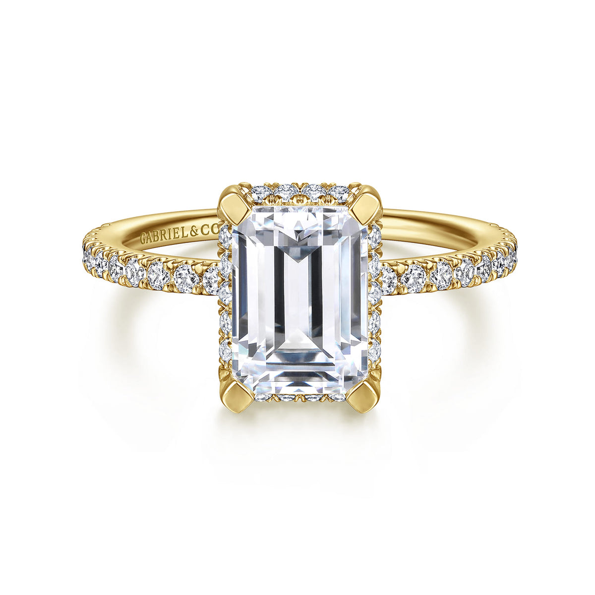 14K Yellow Gold Hidden Halo Emerald Cut Diamond Engagement Ring — ER14719E8Y44JJ; center stone shown for illustration, not included