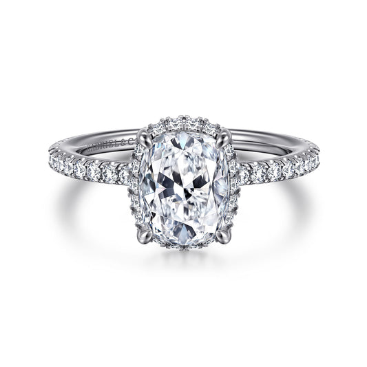 14K White Gold Elongated Cushion Hidden Halo Diamond Engagement Ring — Gabriel & Co. ER14719G8W44JJ; center stone shown for illustration, not included