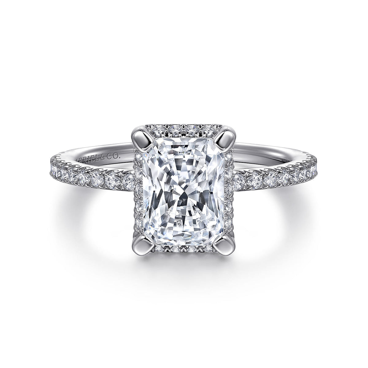 14K White Gold Hidden Halo Rectangular Radiant Cut Diamond Engagement Ring — ER14719N6W44JJ; center stone shown for illustration, not included