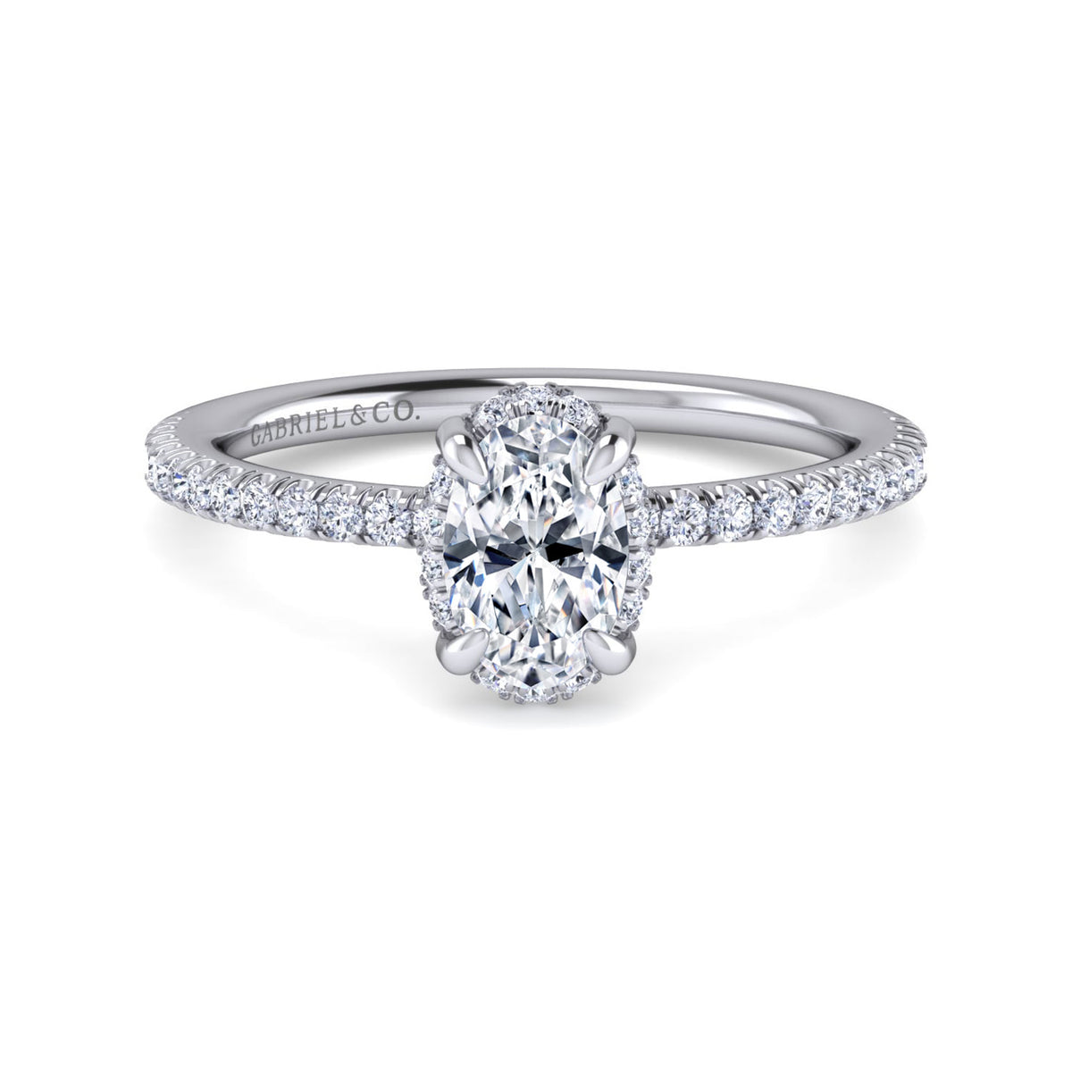 14K White Gold Hidden Halo Oval Diamond Engagement Ring — ER14719O3W44JJ; center stone shown for illustration, not included