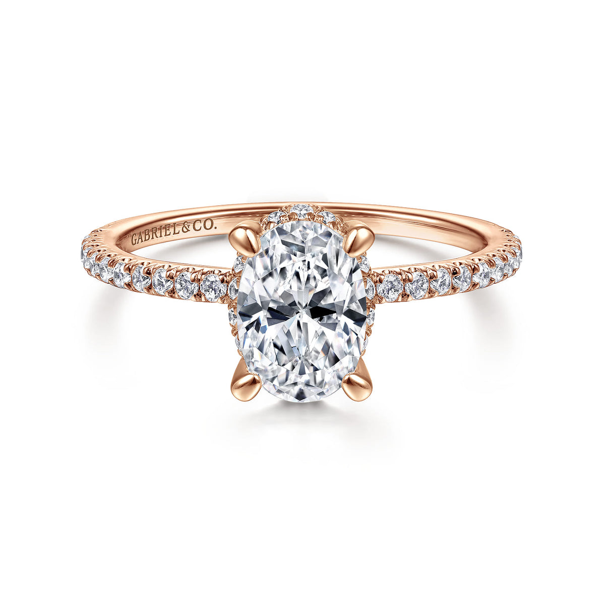 14K Rose Gold Hidden Halo Oval Diamond Engagement Ring — ER14719O4K44JJ; center stone shown for illustration, not included