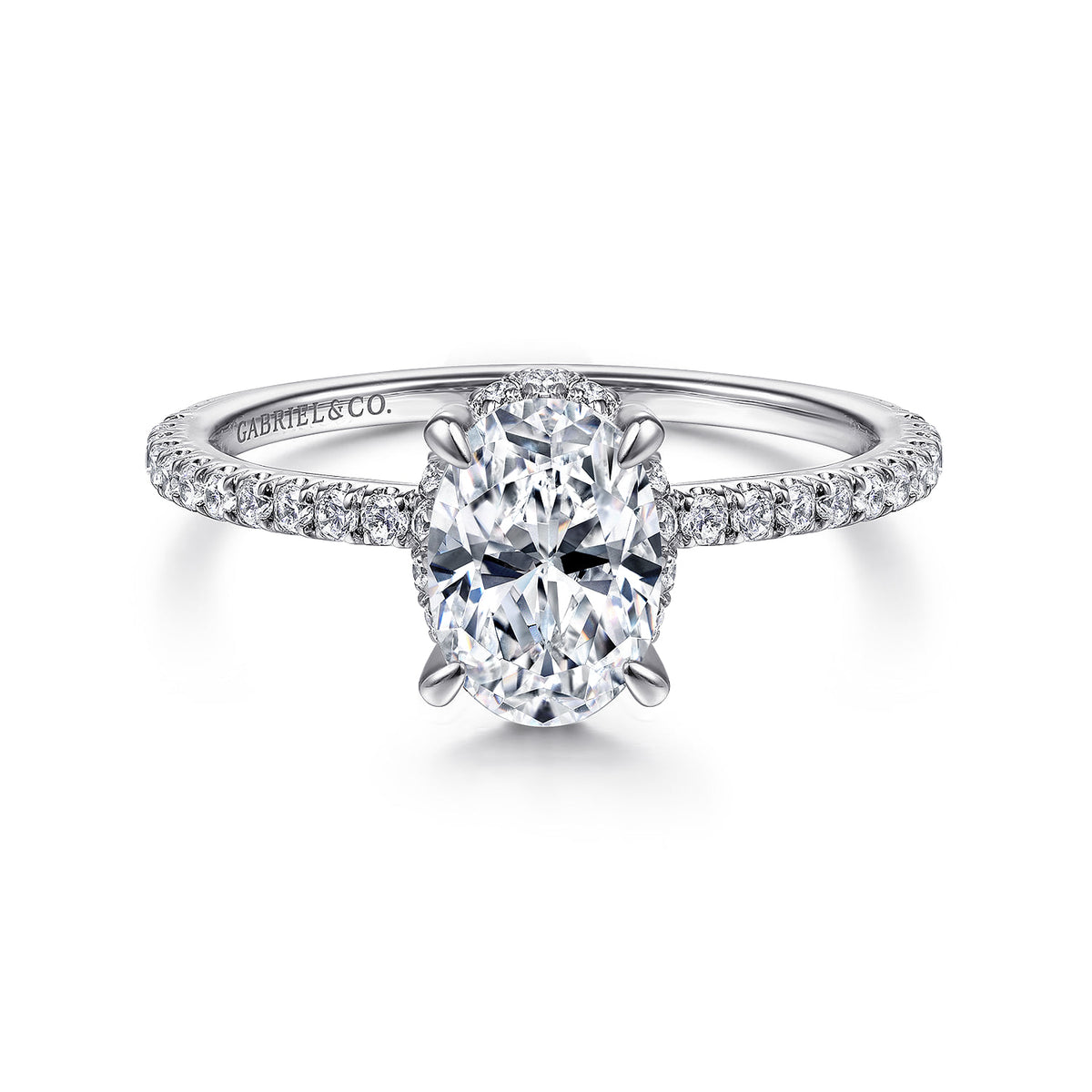 14K White Gold Hidden Halo Oval Diamond Engagement Ring — ER14719O4W44JJ; center stone shown for illustration, not included