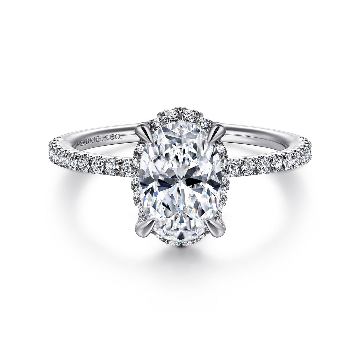 14K White Gold Hidden Halo Oval Diamond Engagement Ring — ER14719O6W44JJ; center stone shown for illustration, not included