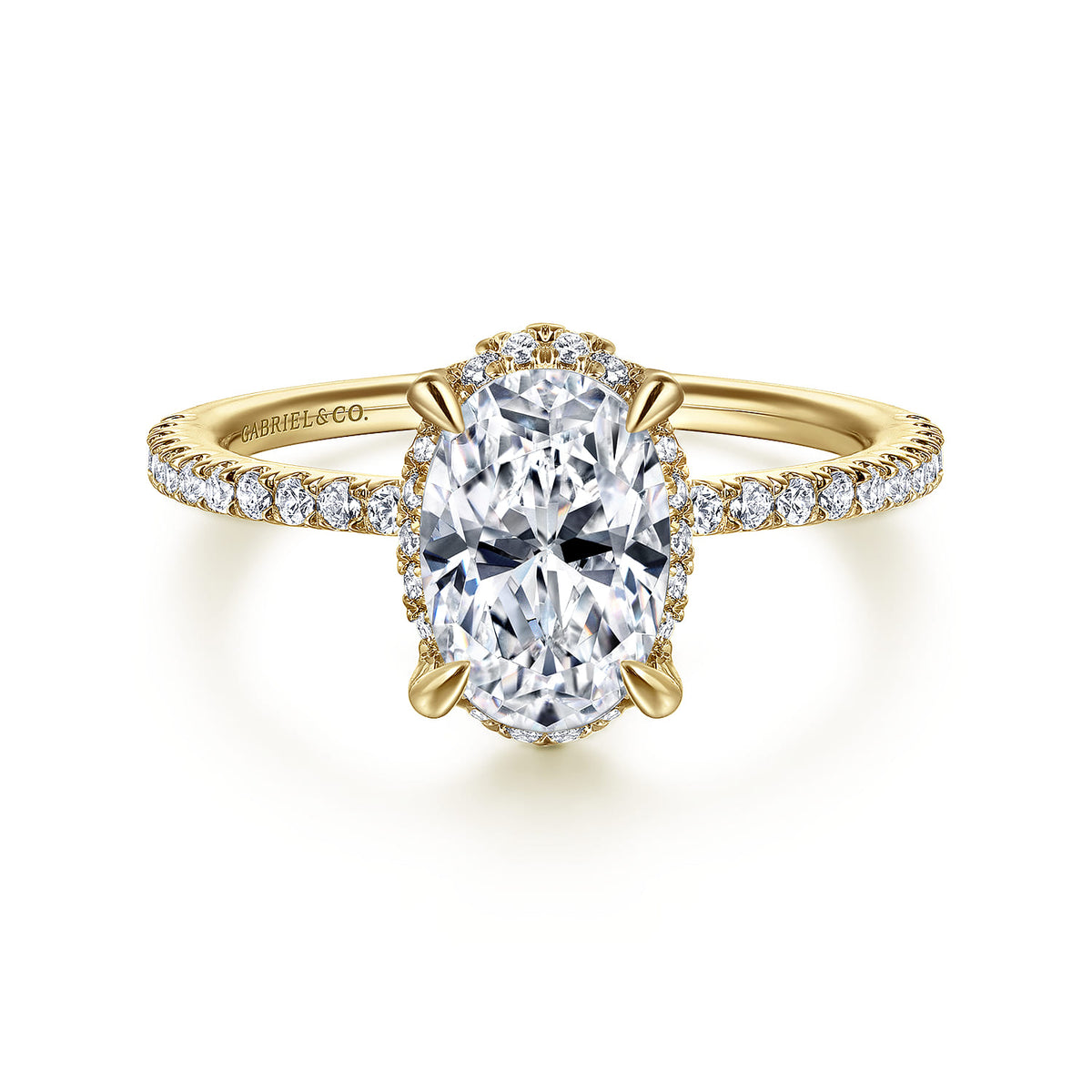 14K Yellow Gold Hidden Halo Oval Diamond Engagement Ring — ER14719O6Y44JJ; center stone shown for illustration, not included