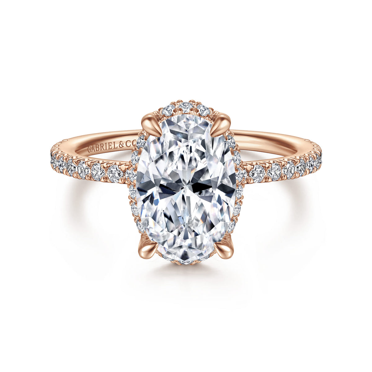 14K Rose Gold Hidden Halo Oval Diamond Engagement Ring — Gabriel & Co. ER14719O8K44JJ; center stone shown for illustration, not included