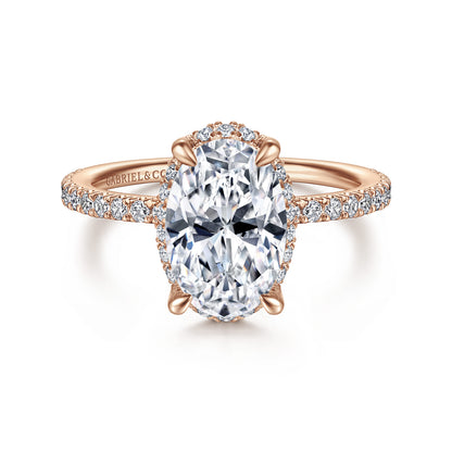 14K Rose Gold Hidden Halo Oval Diamond Engagement Ring — Gabriel & Co. ER14719O8K44JJ; center stone shown for illustration, not included