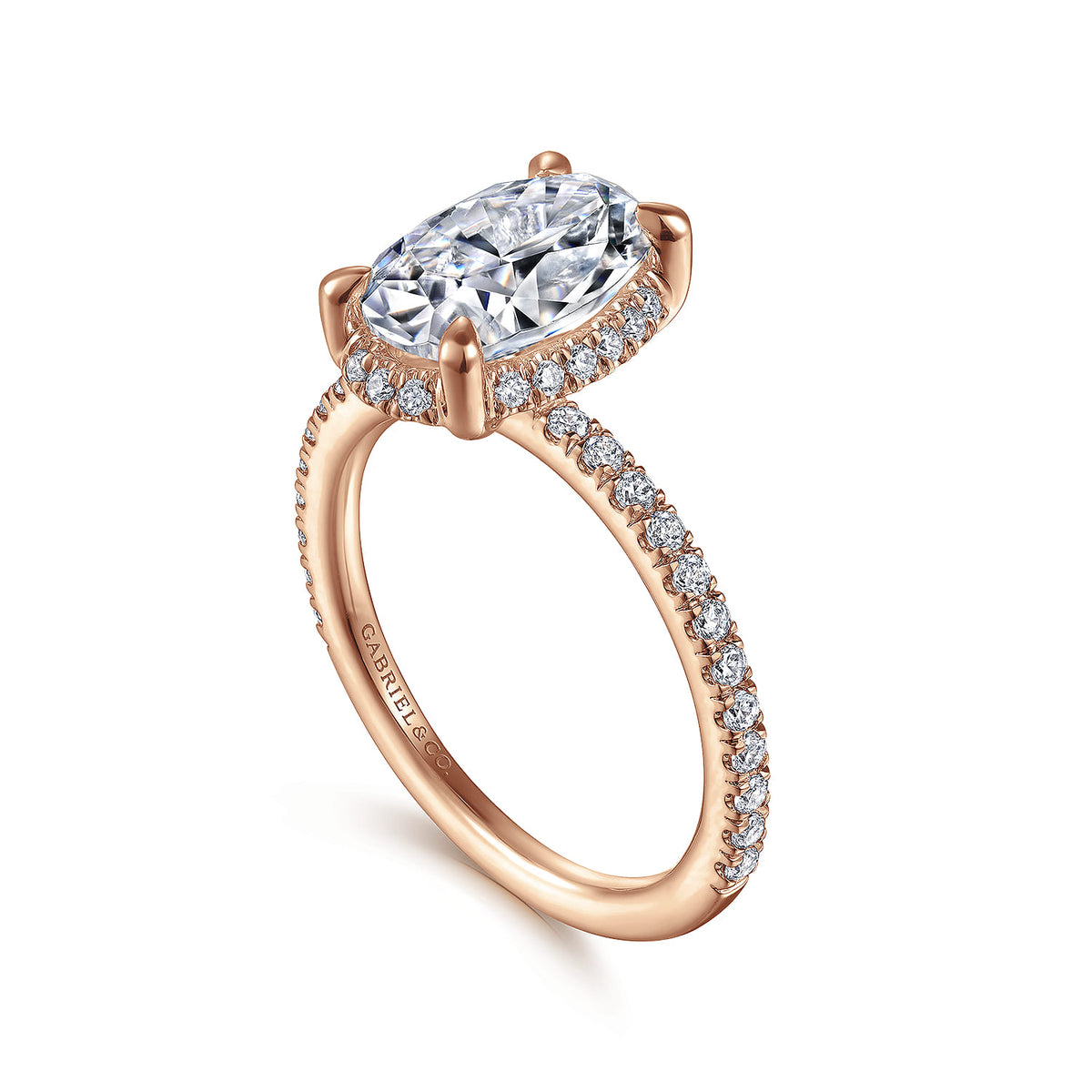 14K Rose Gold Hidden Halo Oval Diamond Engagement Ring — Gabriel & Co. ER14719O8K44JJ; center stone shown for illustration, not included
