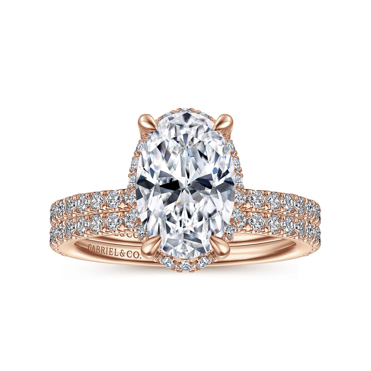 14K Rose Gold Hidden Halo Oval Diamond Engagement Ring — Gabriel & Co. ER14719O8K44JJ; center stone shown for illustration, not included