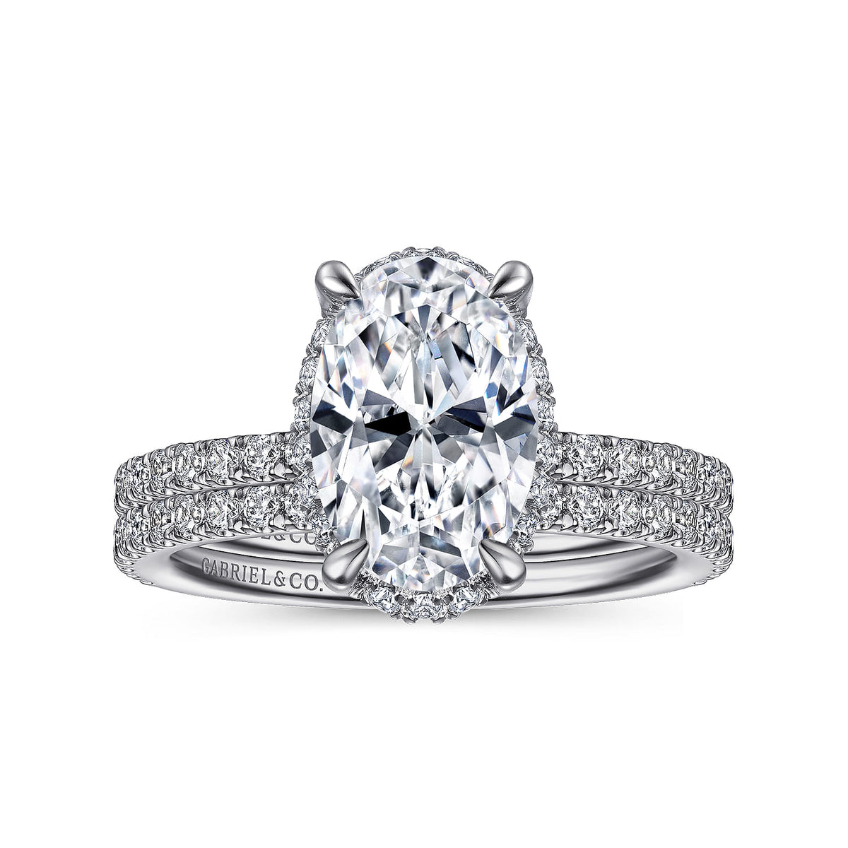 Platinum Hidden Halo Oval Diamond Engagement Ring — Gabriel & Co. ER14719O8PT4JJ; center stone shown for illustration, not included